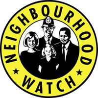 Neighbourhood Watch Logo, yellow circle with NEIGHBOURHOOD WATCH written inside it, and a black and white image of a woman, man, girl, and male police officer in the middle